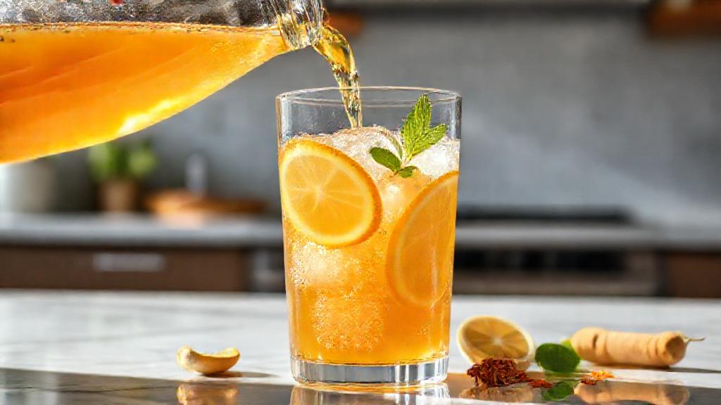 A crystal glass of effervescent kombucha being poured over ice with fresh ginger slices, turmeric, and a sprig of mint, bright natural lighting, modern kitchen counter setting