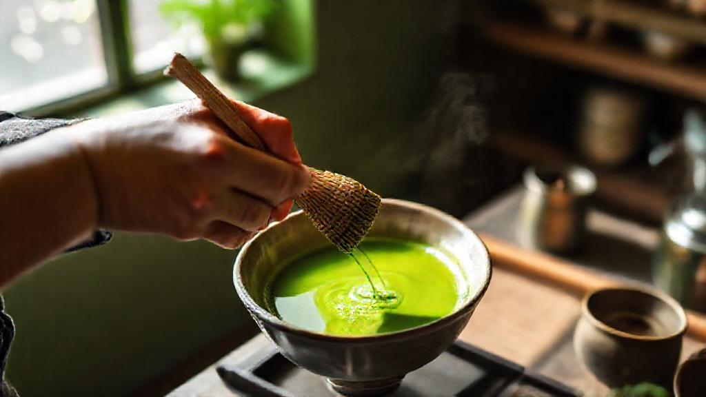 A barista's hands whisking vibrant green matcha in a ceramic bowl with a bamboo chasen, soft natural light streaming in, minimalist modern tea house atmosphere with subtle green tones