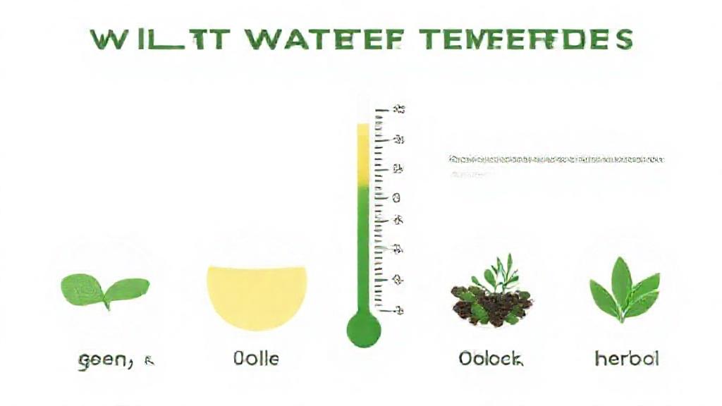 Infographic-style image showing ideal water temperatures for different tea types (green, white, oolong, black, herbal) with a thermometer visual, clean educational style