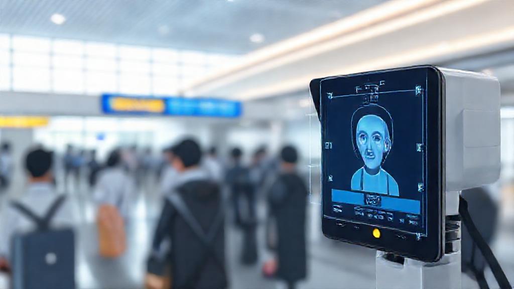 An illustration of a facial recognition camera at Changi Airport, with a digital interface overlay showing identity verification in real time.