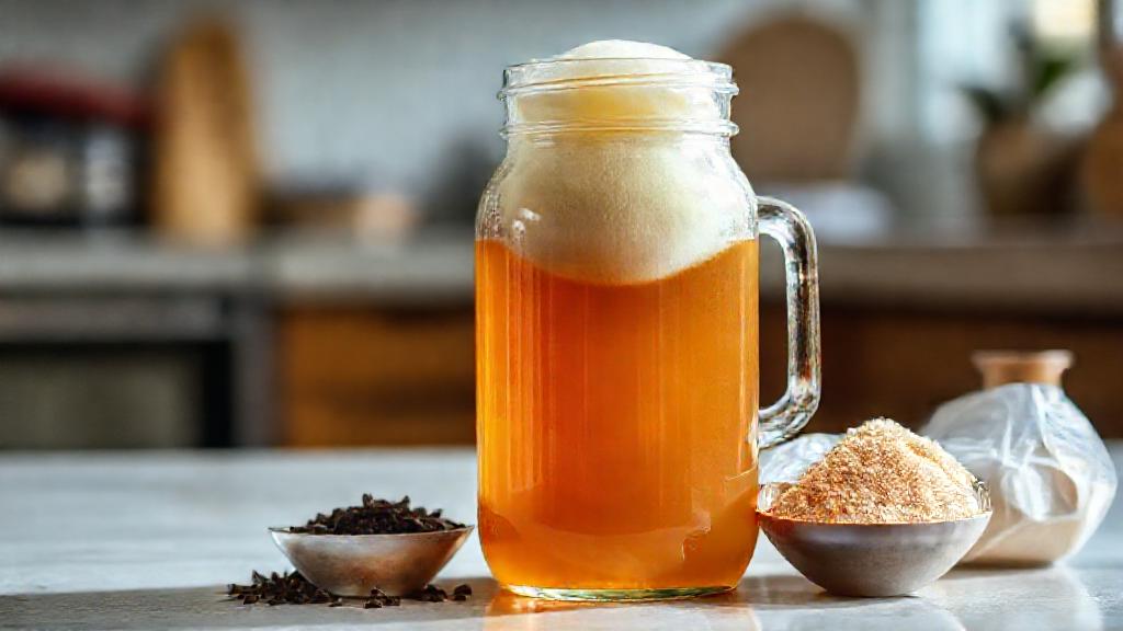 A clear glass jar filled with fermenting kombucha tea, a healthy SCOBY floating on top, with ingredients like loose tea leaves and organic cane sugar arranged neatly beside it, bright natural lighting, Singapore home kitchen, photographic style.