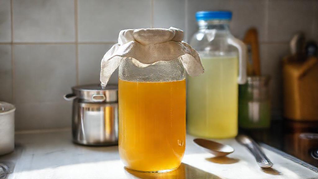 A proper kombucha home brewing setup on a kitchen counter in Singapore, glass jar with a breathable cloth cover, placed in a shaded spot away from direct sunlight, sanitized utensils nearby, clean organized look.