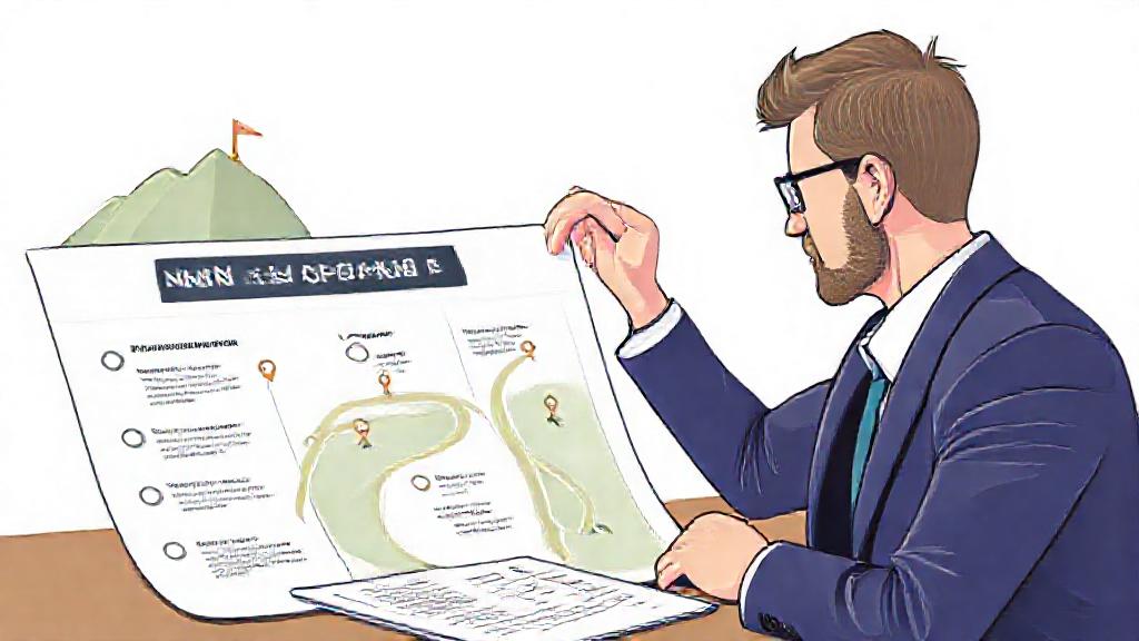 Professional illustration of a person reviewing and adjusting their financial plan to overcome obstacles, with a roadmap and checkpoints