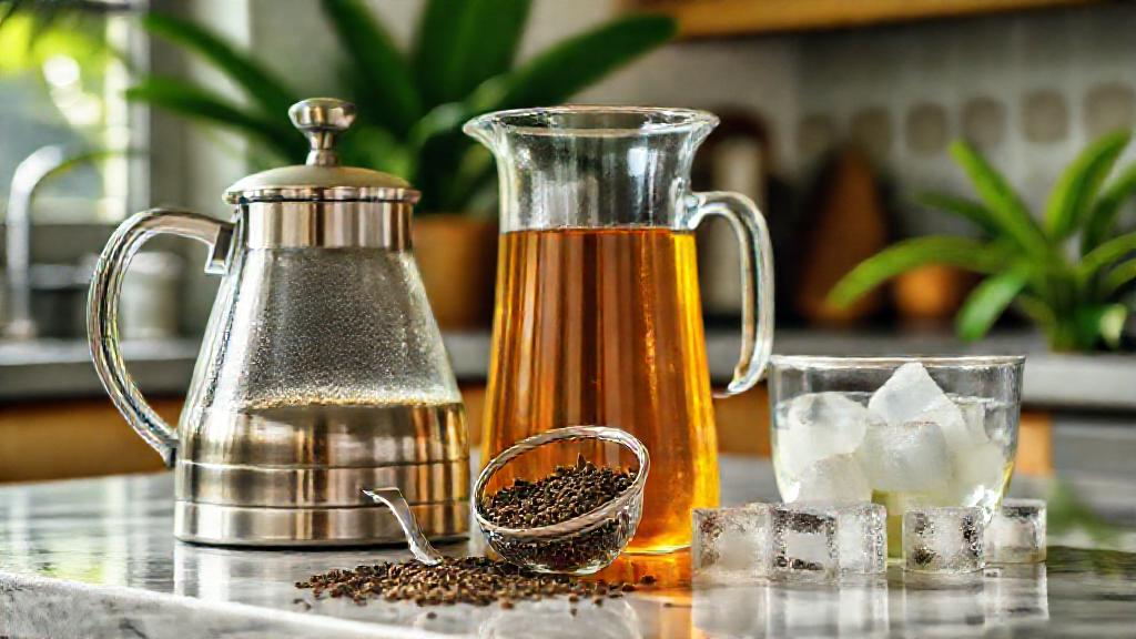 A tea kettle, glass pitcher, strainer, loose tea leaves, and ice cubes arranged neatly on a kitchen counter with tropical natural lighting