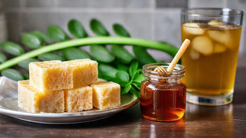 Blocks of gula melaka palm sugar, fresh green pandan leaves, and a jar of honey beside a glass of iced tea, Singaporean kitchen setting