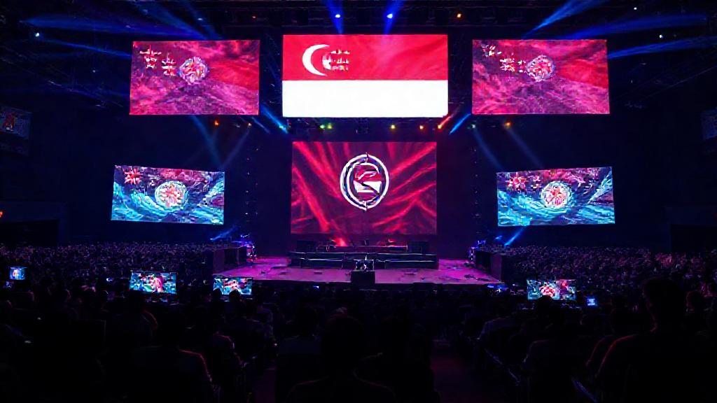 Photo of a grand esports tournament stage with gaming PCs and large screens, audience in dark with colorful lights, and Singapore flag motif