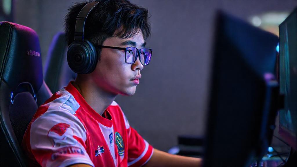 Portrait of a focused Singaporean esports player at a gaming station, with team jersey and RGB lights, slightly blurred background