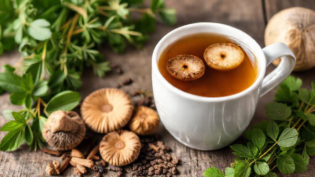 A cup of tea with mushrooms and adaptogen ingredients, placed next to fresh herbs, emphasizing health benefits.