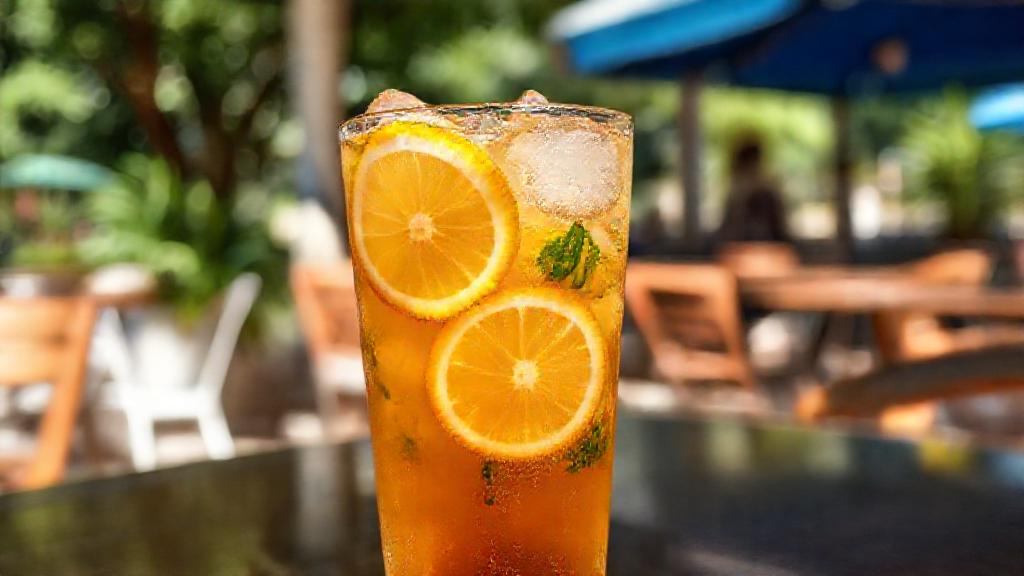 Refreshing iced tea with citrus slices and ice cubes, set in a sunny Singapore outdoor café.