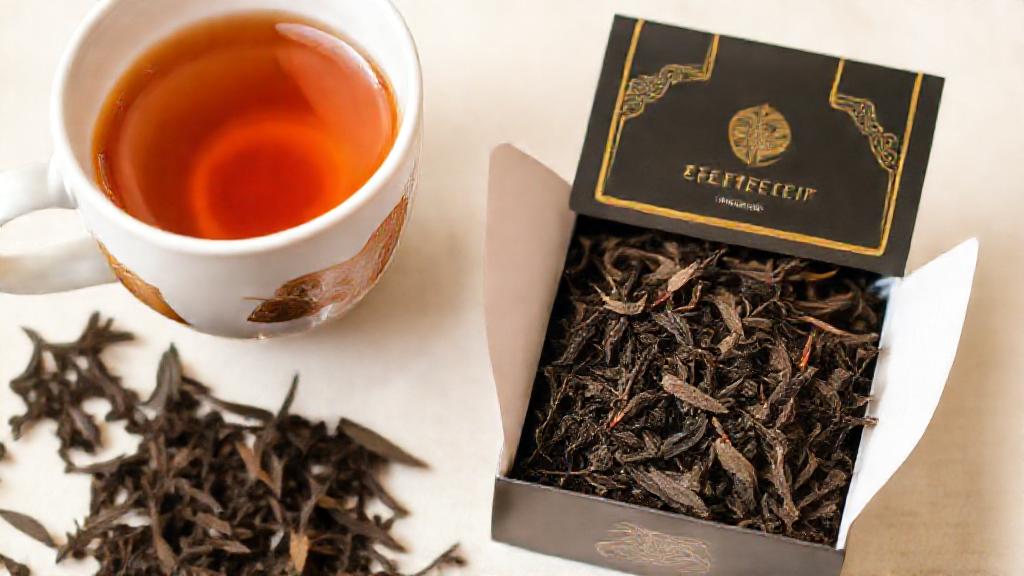 Premium tea leaves in elegant packaging with gold accents, placed next to a cup of brewed tea.