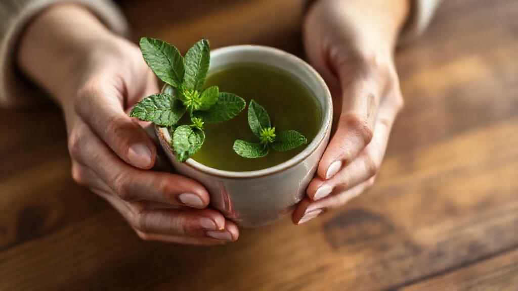A close-up of hands holding a ceramic cup of green tea with fresh mint leaves, on a wooden table, symbolizing health and wellness trends.