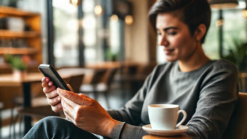 A person using a smartphone to compare tea products online while sitting in a modern café with a cup of tea, illustrating digital influence on purchases.