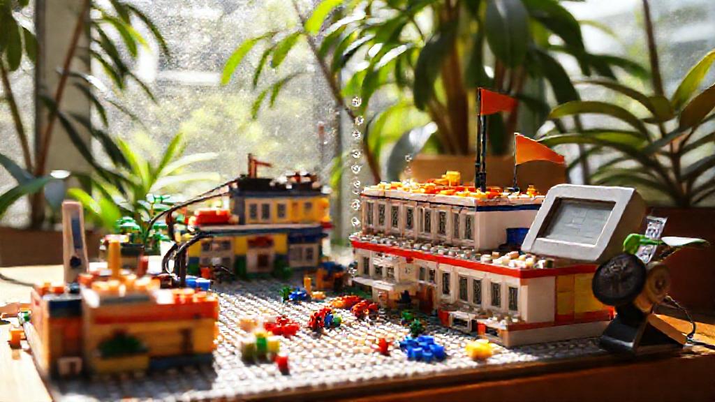 A LEGO set partially built in a sunny Singapore environment, with humidity indicators and a thermometer nearby.