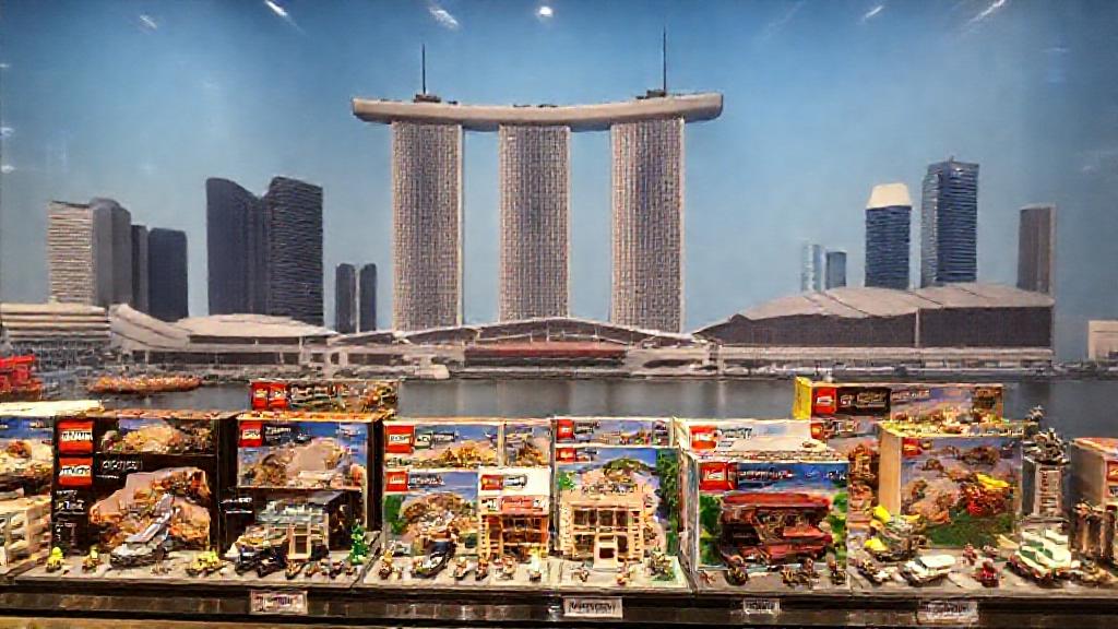 A display of exclusive LEGO sets found only in Singapore, with landmarks like Marina Bay Sands in the background.
