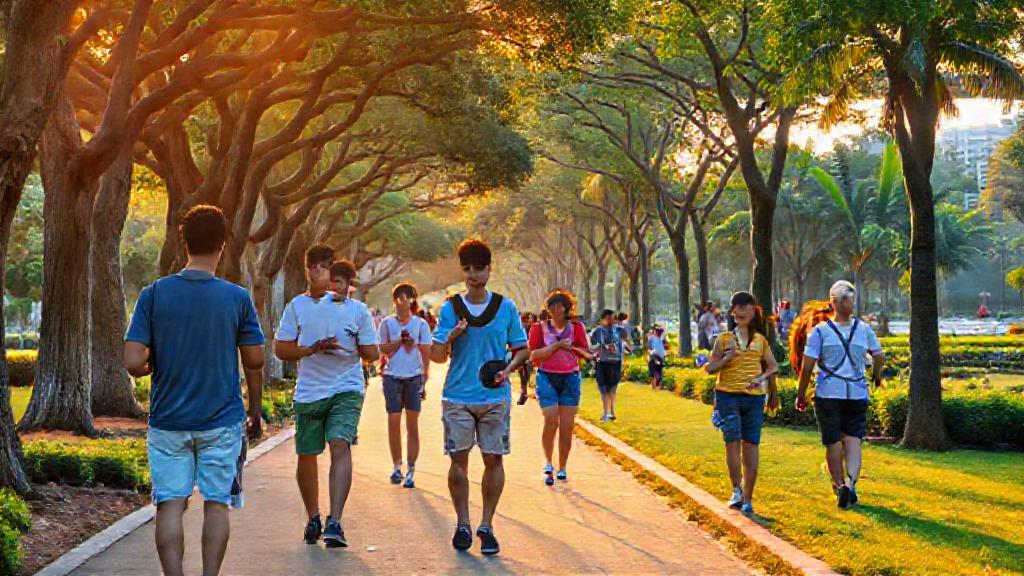 A lively outdoor park in Singapore at golden hour, a diverse group of friends in shorts and t-shirts walking along a tree-lined path while looking at their phones, joggers and families in the background, tropical greenery and a footbridge overhead