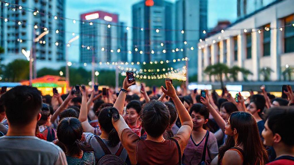 A crowd of enthusiastic players gathered around a colourful public plaza in Singapore in the evening, phones raised, some high-fiving and laughing, string lights and city buildings behind them, documentary-style candid photography
